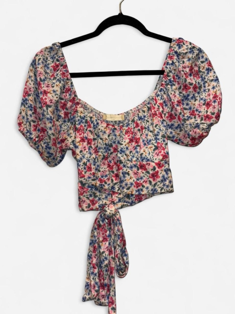 Altar'd State Floral Puff Sleeve Tie Front Crop Top Small Cottagecore Boho